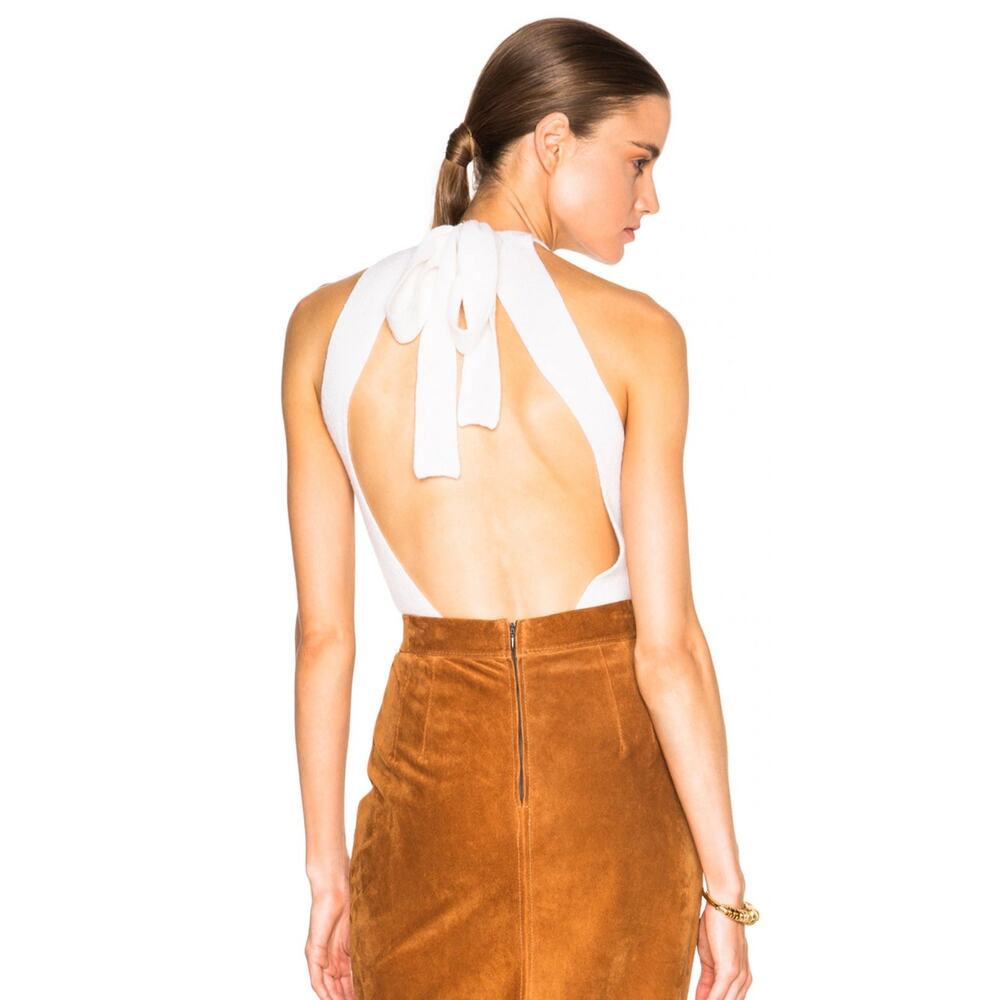 Ryan Roche Cashmere Bodysuit Rib Knit Cream Tie Open Back O/S - Picture 8 of 12